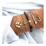 Conjunto pulsera bohemia con cuentas de piedra y hilo de seda elástica