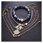 Conjunto pulsera bohemia con cuentas de piedra y hilo de seda elástica
