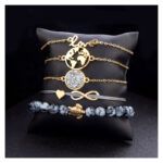 Conjunto pulsera bohemia con cuentas de piedra y hilo de seda elástica
