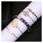 Conjunto pulsera bohemia con cuentas de piedra y hilo de seda elástica