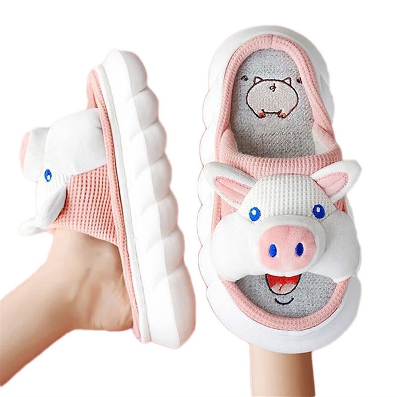 Pantuflas de Lino y Algodón Diseño Cerdito Antideslizantes