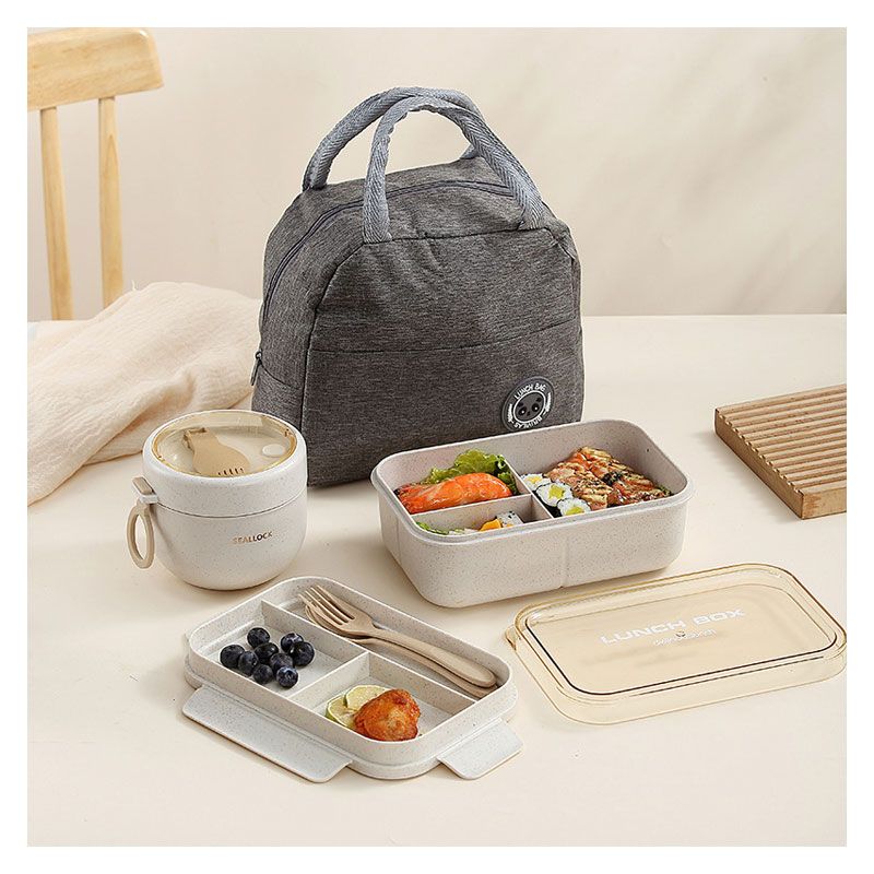 Lonchera + 2 Porta Comidas + Cubiertos En Fibra De Trigo